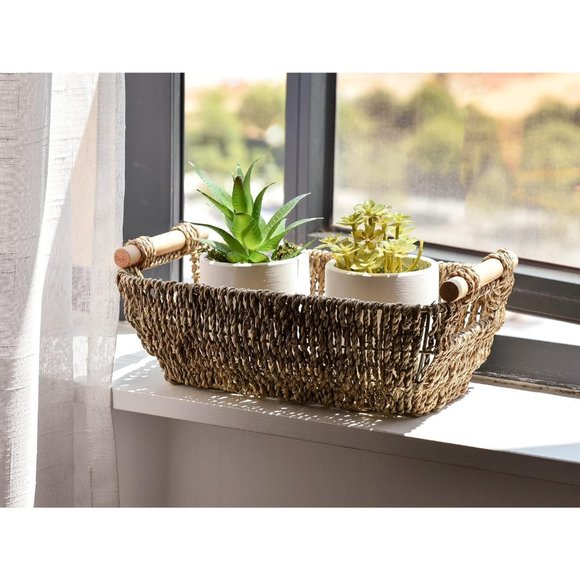 2-Pack Small Wicker Handwoven Seagrass Rattan Baskets with Wooden Handles - Picture 7 of 8